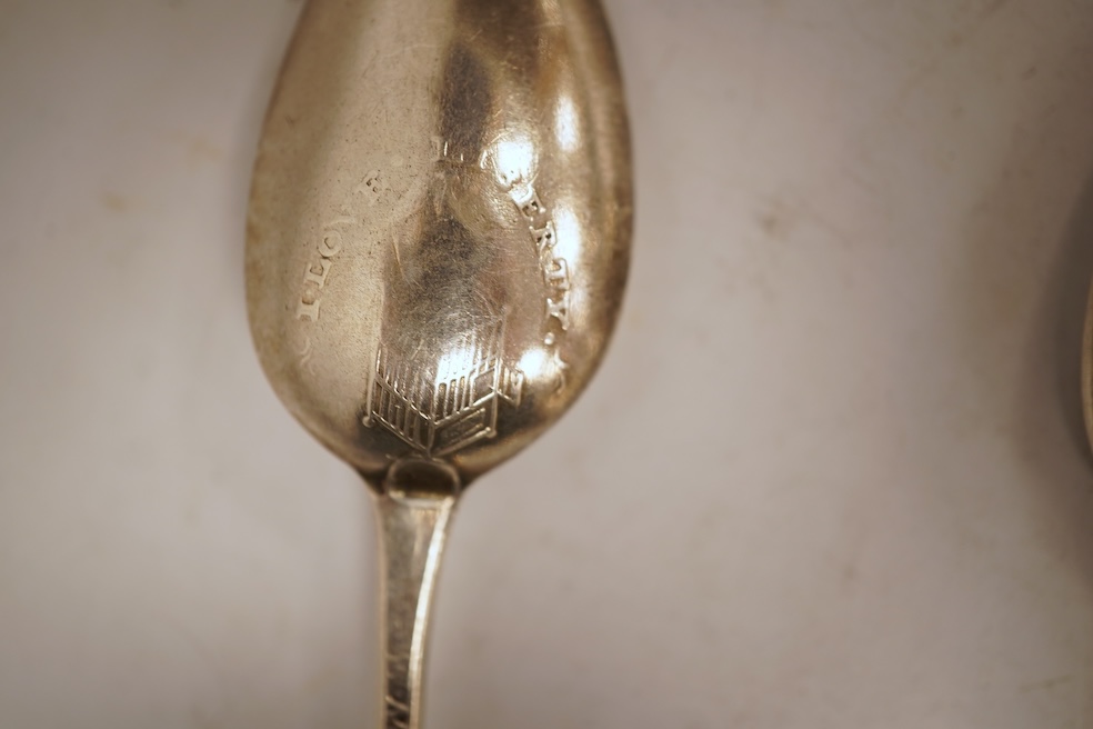 A collection of twenty nine assorted Georgian picture back teaspoons, various dates and makers, including three with masted ship, some marks indistinct, 10.2oz.